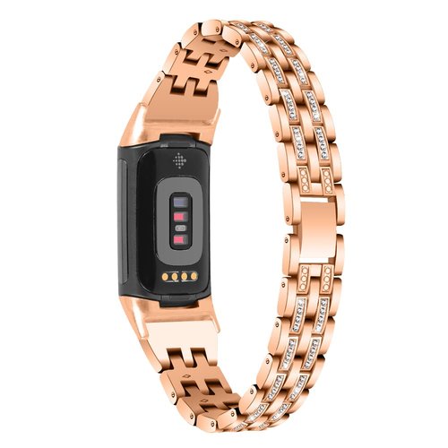 Chic Cute Bling Bands Compatible with Fitbit Charge 6/Charge 5 Fitness & Health Tracker,Rhinestone Dressy Bracelet Stainless Steel Metal Replacement Strap Wristbands Jewelry Strap Women (RoseGold)