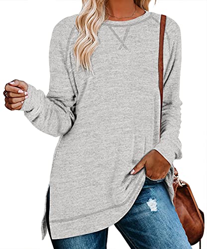 Aokosor Light Grey Long Sleeve Tunic Top for Women XL - Loose Fit Sweater for Leggings
