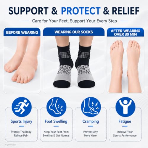 Compression Ankle Support Socks - Cushioned Relief for Plantar Fasciitis - Medium, Black+White+Grey, 3 Pairs