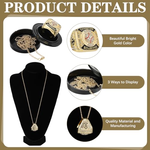 Baseball Championship Rings Set - 12 Pcs Gold with Display Stands
