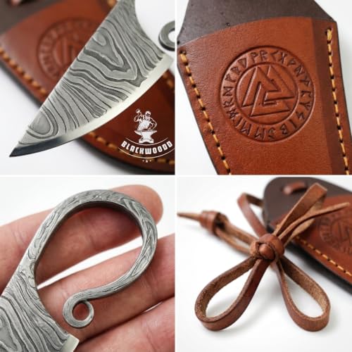 Hand Forged Celtic Viking Knife - Damascus Steel Fixed Blade with Leather Sheath