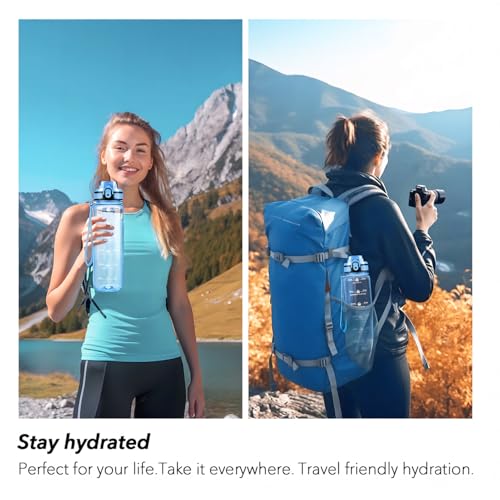 Alwager 32oz Water Bottle with Time Marker, Clear with Strap – BPA-Free Leak-Proof