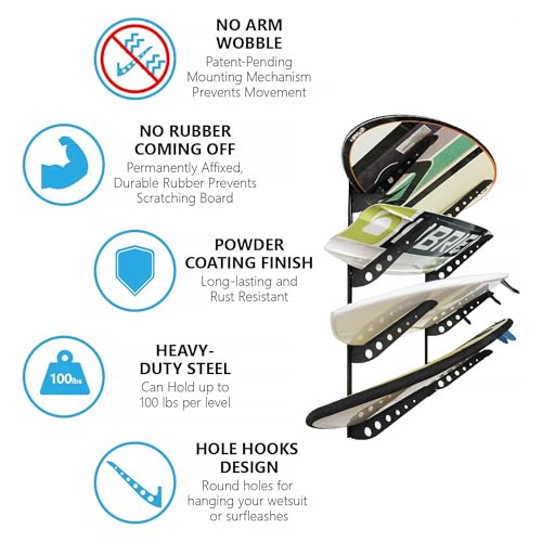 Adjustable Surfboard Rack Wall Mount - 4 Layer Black