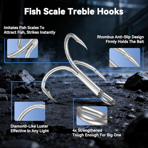 Treble Fishing Hooks - 4X Strong Triple Hooks, Size 3/0