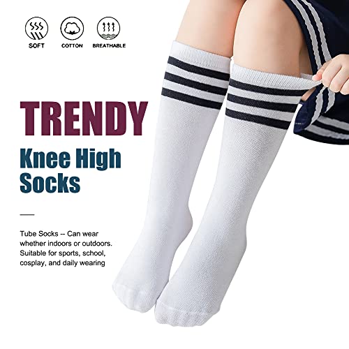 Kids Soccer Socks - Knee High Tube Socks for 3-6 Years - White Blue Stripes