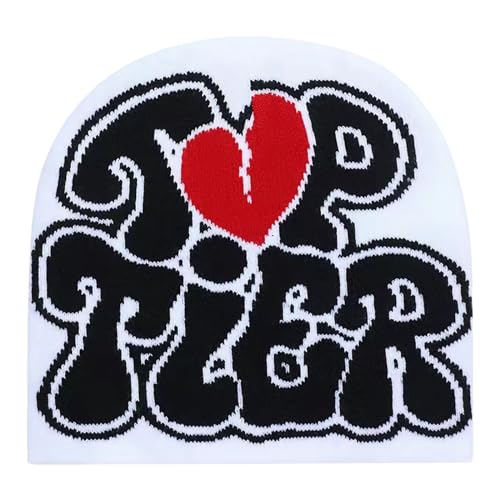 Y2K Beanie Hat - Knitted Winter Cap with Love Design - White
