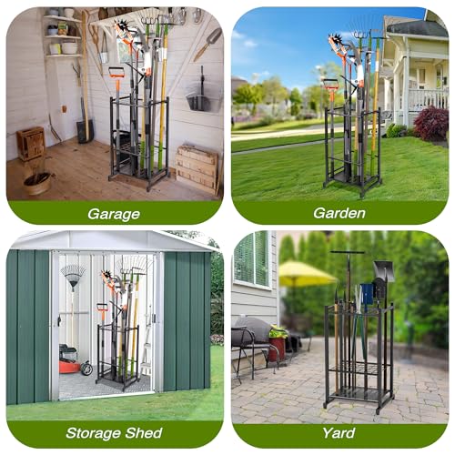 Garden Tool Organizer, Yard Tool Tower Rack for Garage Organization and Storage, Up to 35 Long-Handled Tools/Rakes/Brooms, Heavy Duty Steel Garden Tool Stand for Shed, Outdoor, Black