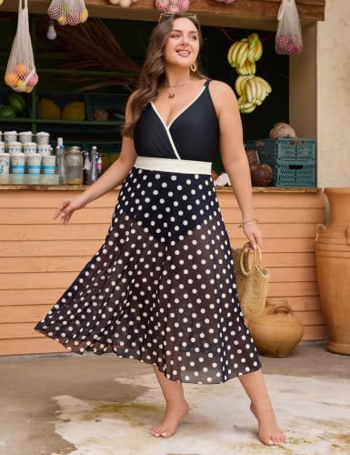 Plus Size Women's One-Piece Swimsuit with Cover Up Skirt - XX-Large Black Dot