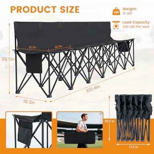 Folding Soccer Bench - 6 Seat Portable Team Bench with Backrest - Black