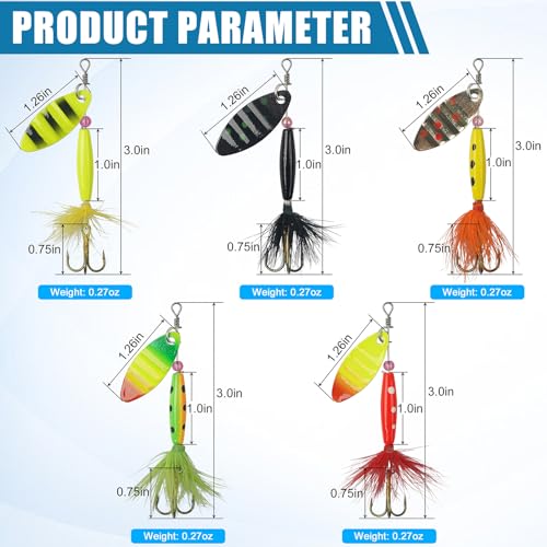 5pcs Spinner Baits Fishing Lures Kit with Rooster Feather Tail
