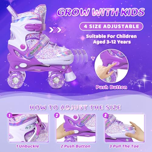 Adjustable Kids Roller Skates with Light-Up Wheels - 4 Sizes for Ages 3-12