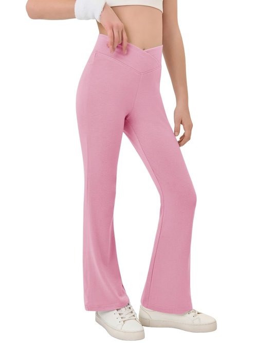 Haloumoning Girls Crossover High Waisted Flare Pants Kids Bootcut Leggings Full Length Bell Bottoms 5-14 Years Pink