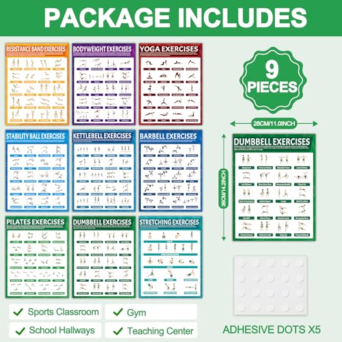 9Pcs Exercise Poster Set - Workout Charts for Yoga, Resistance Bands, Dumbbells & Home Gym