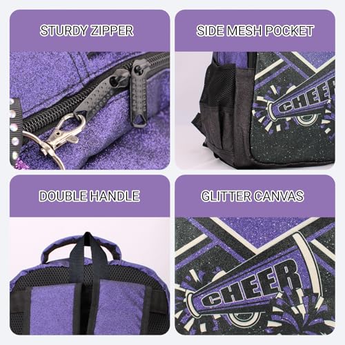 HJKLONE Glitter Purple Cheer Backpack with Ribbon Keychain - Women’s Sports Bag