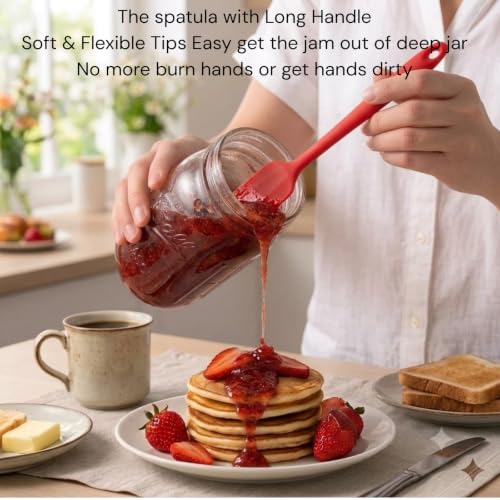 Silicone Jar Spatula Set - Long Handle Kitchen Scraper, Red