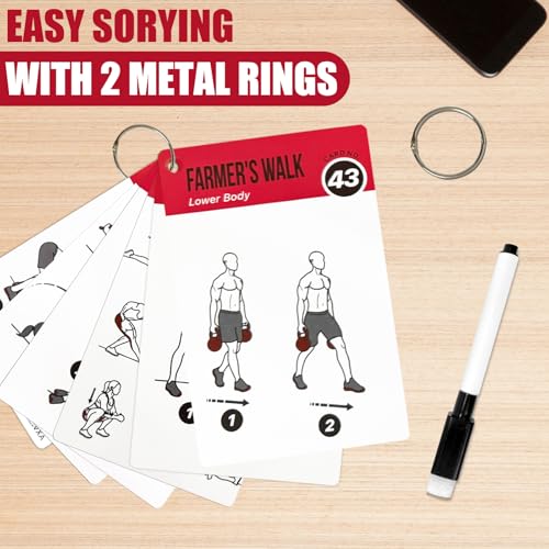 Kettlebell Workout Cards - 59 Exercise Cards with Dry-Erase & Rings