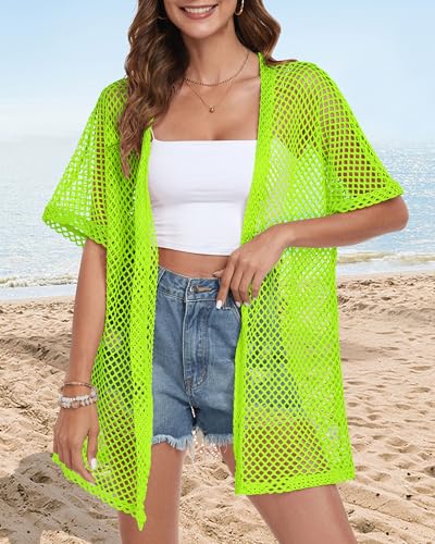 CHICGAL Women Crochet Beach Cover Up Kimono Cardigan Neon Green Small