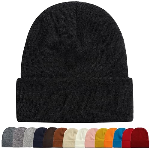 Warm Acrylic Knit Cuff Beanie Hat for Men & Women - Black