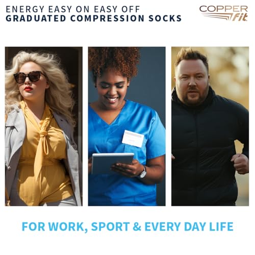 Copper Fit Energy Graduated Wide Calf Compression Socks (3 Pairs, S/M, Black) – Easy On / Off for Travel, Circulation & Swelling Relief