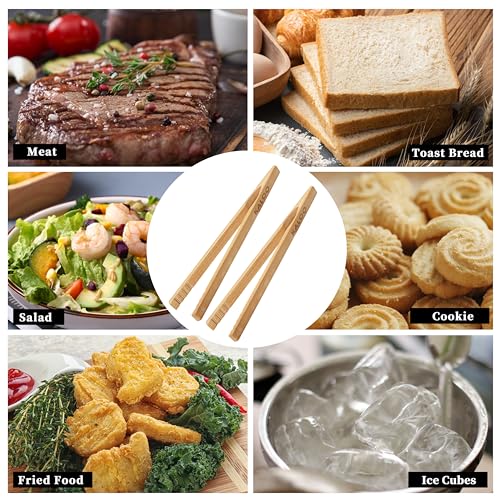8-Inch Bamboo Toaster Tongs - Set of 2 Reusable Wooden Kitchen Tongs