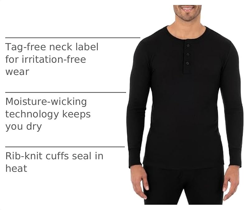 Men's Recycled Waffle Thermal Underwear Henley Top - Medium/Black - 1 Pack