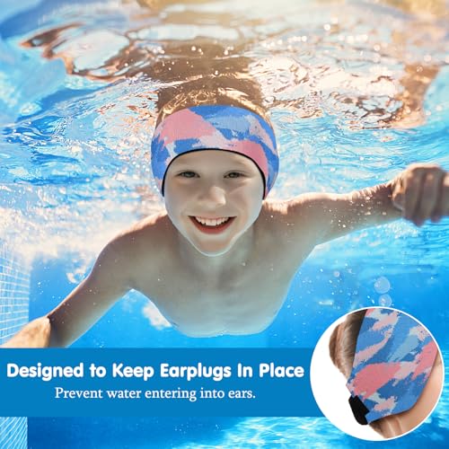 Kids Swim Headband - Neoprene Water Earplug Guard, Medium Tie-dye Blue