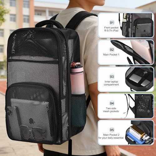 Heavy Duty Mesh Backpack 39L Large Black Travel Bag for Men & Women