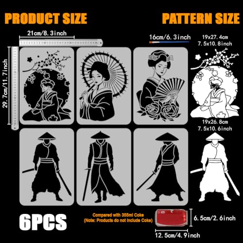 FINGERINSPIRE 6 PCS Geisha Swordsman Painting Stencil with 1 Pc Plastic Paint Brush 8.3x11.7inch Samurai Warrior Stencil Geisha Template Human Theme Template for Painting on Wall Wood Furniture