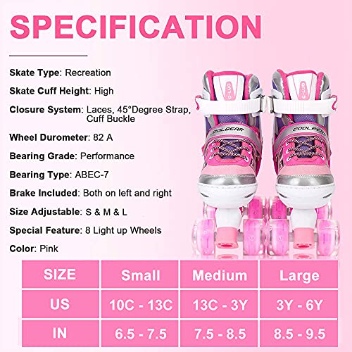 Adjustable Roller Skates for Girls - Illuminating Wheels, A-Pink, Medium (13-3 US)