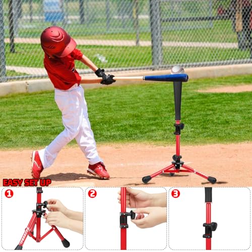Portable Baseball Tee with Sandbag - Adjustable Height Red Kids Tee