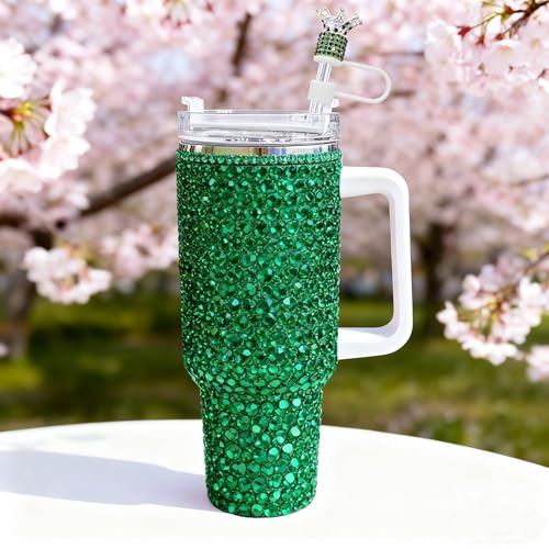 Crown Diamond Straw Topper for Tumblers - Rhinestone Bling Cover, Dark Green