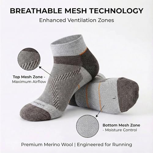 WANDER Merino Wool Ankle Socks, Ultra-Breathable, 3 Pairs - Large Coffee Grey