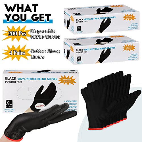Janmercy 200 Pcs Disposable BBQ Nitrile Gloves with 4 Pairs Cotton Liners Grilling Cooking Cleaning Gloves for Smoker Meat(X-Large,Black)