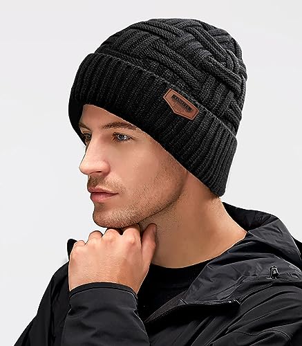 Loritta Thick Warm Slouchy Beanie Skull Caps for Men - One Size Black with Weave, 1 Pack