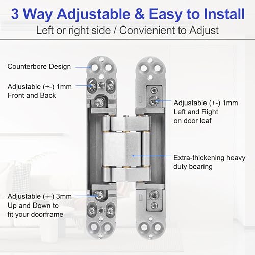 2Pcs 6 inch Hidden Door Hinges -Invisible Hinges for Doors, 180 Degree Swing Concealed Hinges, 3 Way Adjustable & Heavy Duty (?Silver)