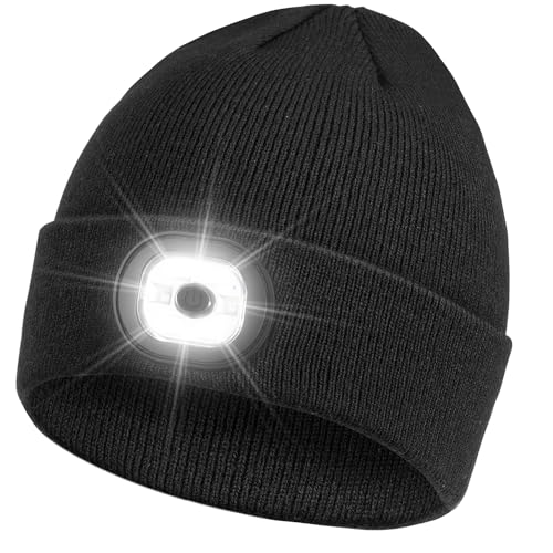 Black Beanie Headlamp - Unisex Winter Knit Cap with USB Rechargeable LED Light, Ideal for Men, Dad, Father Gifts
