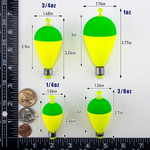 Weighted Fishing Bobbers - 5 Pack Snap-on Spring Floats - Green/Fluorescent Yellow, 1.6in