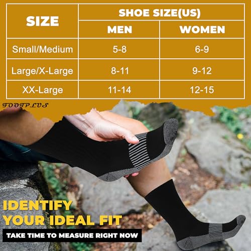 FOOTPLUS XX-Large 6 Pairs Hiking Copper Compression Socks Unisex Cushioned Arch Support Crew