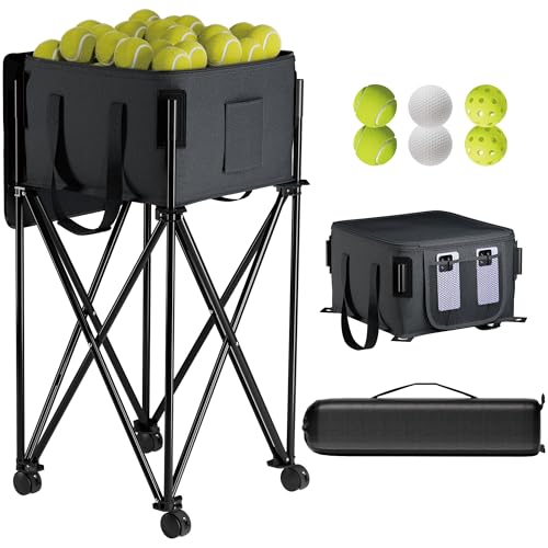Lnmuzm Black Tennis Ball Hopper with Removable Bag & Wheels, Portable Tennis & Pickleball Basket for Training