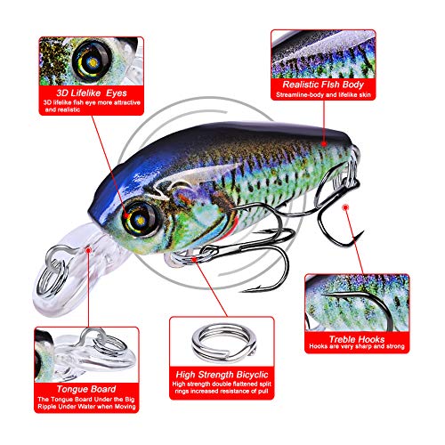 Sunlure Mini Crankbait Lures 4.7cm/0.14oz, 10 Colors, 10pcs-Style B Topwater Wobblers