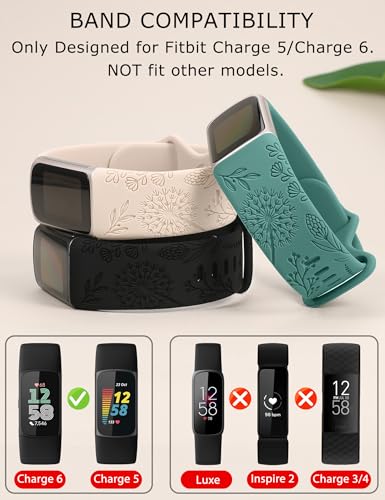 Minyee 3-Pack Floral Silicone Fitbit Charge 6/5 Band with Dandelion Pattern – Black, Starlight, Green