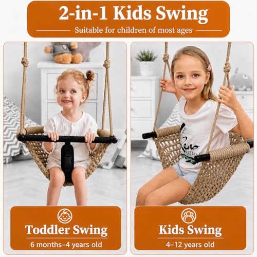 Kids Indoor & Outdoor Hand-Made Khaki Net Swing Seat with Adjustable Rope - Child Playground Swing