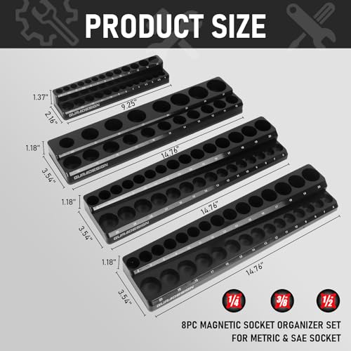 8PCS Magnetic Socket Organizer Set, Magnetic Socket Holder, 1/4", 3/8", 1/2" Metric & SAE Magnetic Socket Tools Trays.
