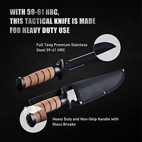 Leopcito 13.6-Inch Fixed Blade Tactical Knife with Sheath - Brown, Camping & Hunting