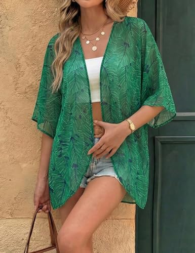 Floral Chiffon Kimono Cardigan - Women's Beach Cover Up - Green, Small