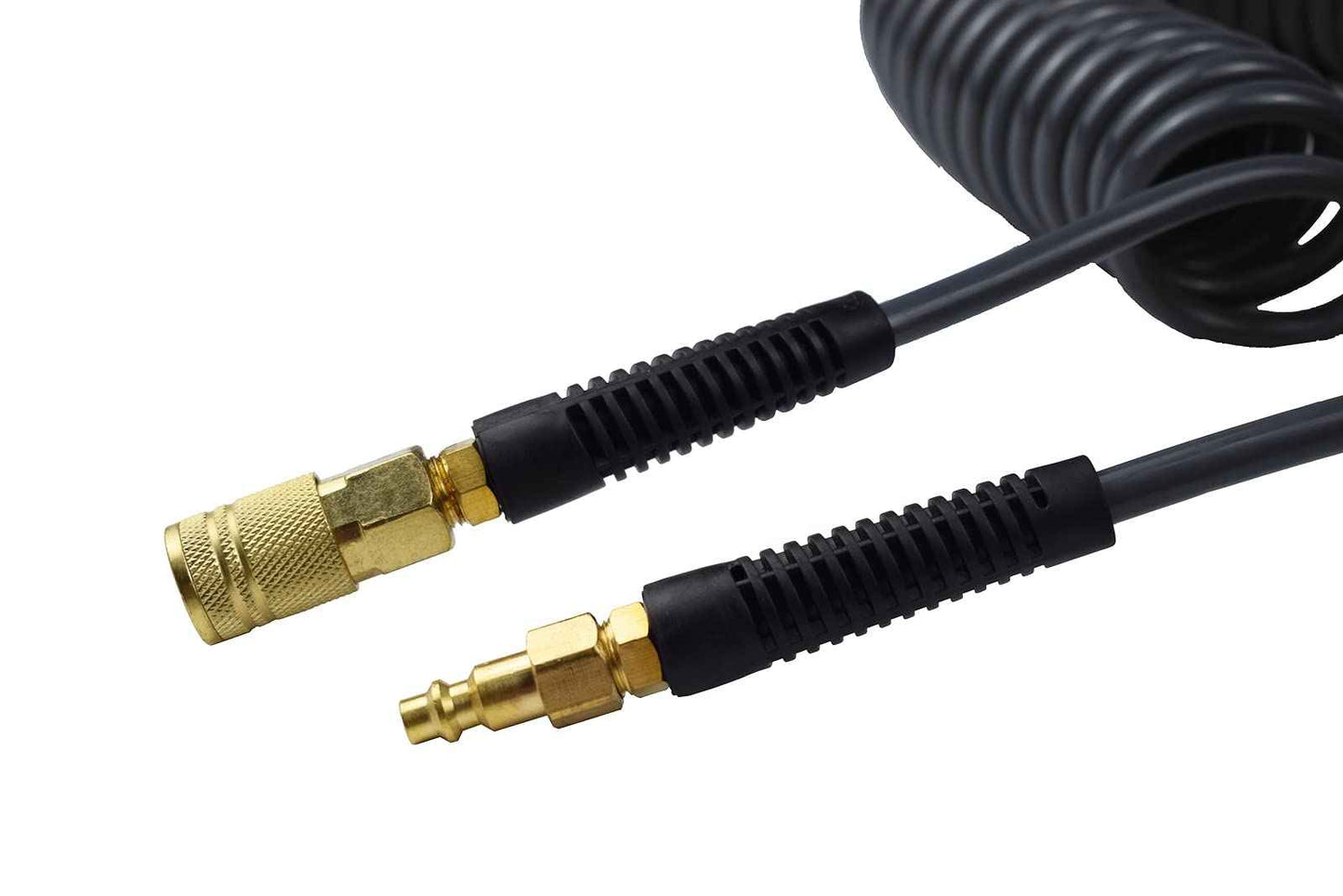 YOTOO Polyurethane Recoil Air Hose, Air Compressor Hose 1/4" Inner Diameter by 25' Long with Bend Restrictor, 1/4" Industrial Quick Coupler and Plug, Black