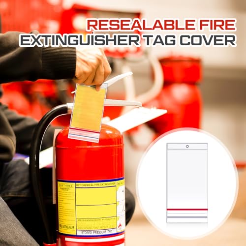 Faccito 50 Pcs Resealable Fire Extinguisher Tag Cover Waterproof Clear Fire Extinguisher Inspection Tag Covers Plastic Sleeve Annual Card Holder Label Bags