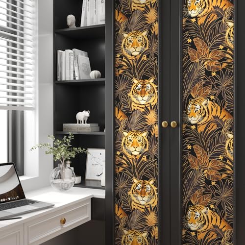 Black and Gold Tiger Wallpaper Peel and Stick Leaf Wall Paper Jungle Tropical Contact Paper for Bedroom Living Room Bathroom Renter Friendly Removable 17.5 x 118In