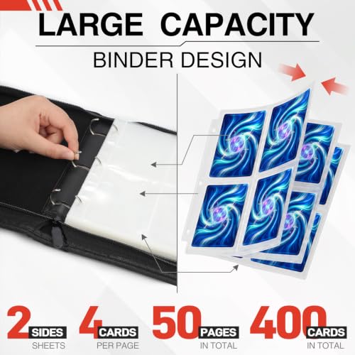 Fuzmo 4-Pocket Trading Card Binder - Black, Holds 400 Cards with Extra Sleeves