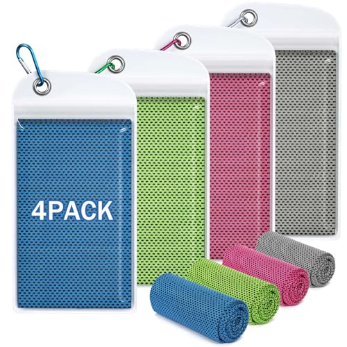 Cooling Towels for Neck and Face - 4 Pack Microfiber Set - Blue/Green/Pink/Gray